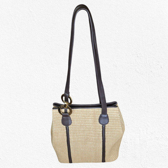 Y2K Susan Gail Tan Woven Straw Tote Shoulder Bag Brown Trim Boho Chic Purse - Picture 2 of 12